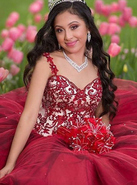 Ball Gown Appliques Beading Straps Red Tulle Quinceanera Dress