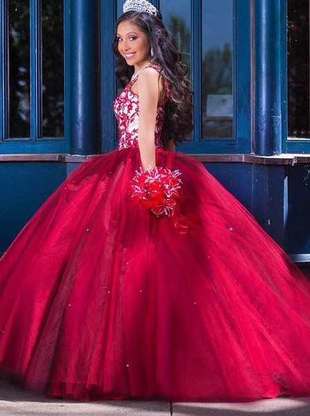 Ball Gown Appliques Beading Straps Red Tulle Quinceanera Dress