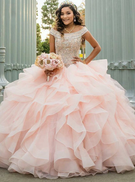 Ball Gown Off-the-Shoulder Pink  Beading Tulle Quinceanera Wedding Dress 