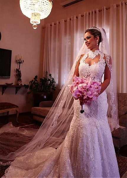 Beading See Through  Lace High Collar Mermaid Wedding Dress
