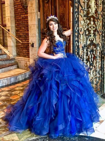 Ball Gown Beading Sweetheart Royal Blue Tulle Quinceanera Dress