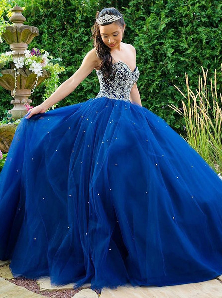 Beading Ball Gown Sweetheart Blue Tulle Quinceanera Dress