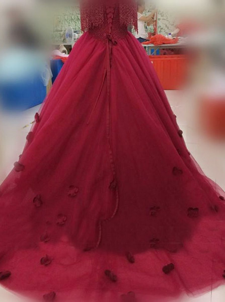 Ball Gown Off-the-Shoulder  Beading Burgundy Tulle Quinceanera Dress 