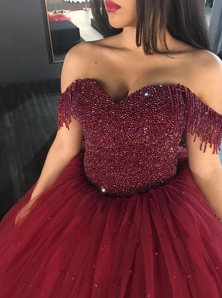 Ball Gown Off-the-Shoulder  Beading Burgundy Tulle Quinceanera Dress 