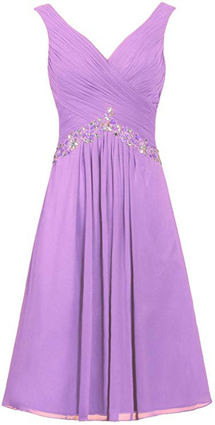 V Neck Sleeveless Short Purple Chiffon Bridesmaid Wedding Party Dress