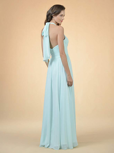 Mint Chiffon Halter A-Line Long Bridesmaid Wedding Guest Dress