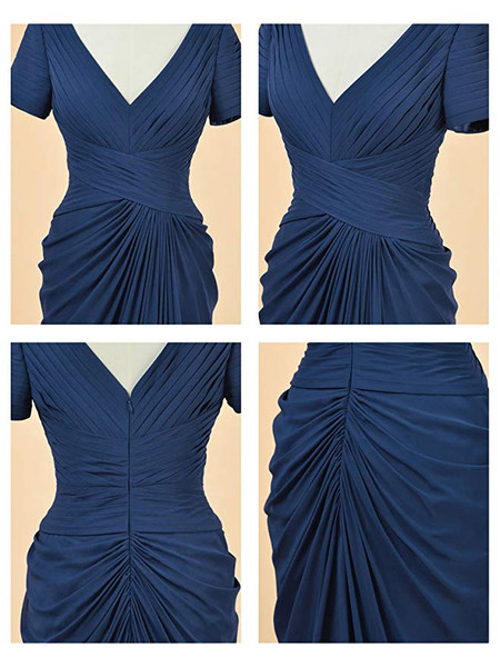 Navy Short Sleeve Pleats Long Bridesmaid Wedding Guest Dress