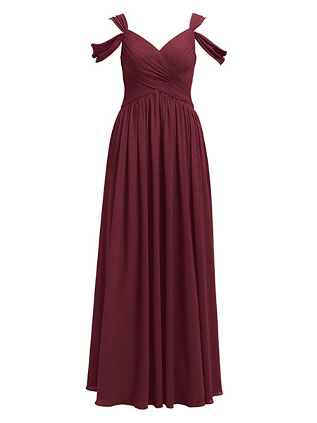 Burgundy V-Neck Chiffon Long Formal  Party Bridesmaid Dress