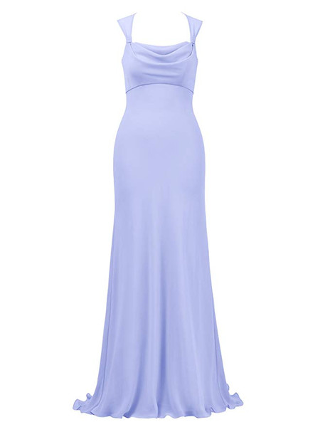 Lilac Long  Square Neck Evening Dress Chiffon Bridesmaid Dress 