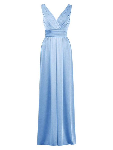 V-Neck Long Jersey Sleeveless Knit Formal Evening Bridesmaid Dress