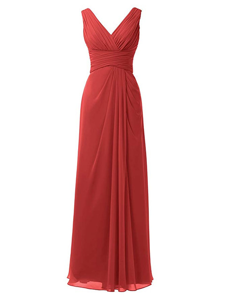 Red V-Neck Chiffon  Long Maxi Bridesmaid Dress