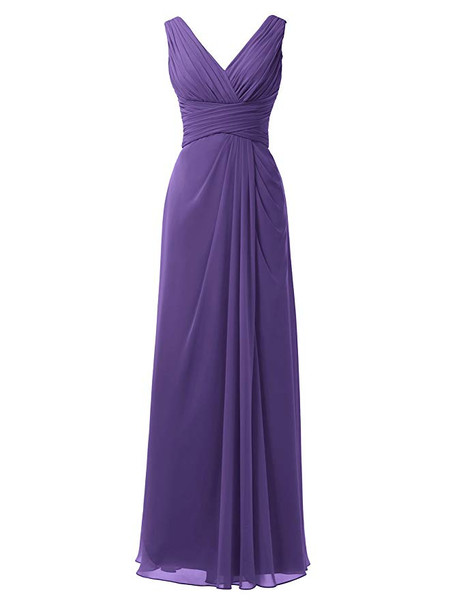 Red V-Neck Chiffon  Long Maxi Bridesmaid Dress