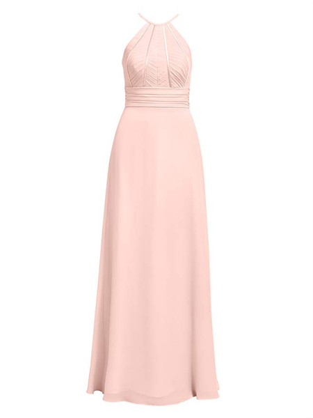 Halter Pink Long Chiffon Long Bridesmaid Dresses