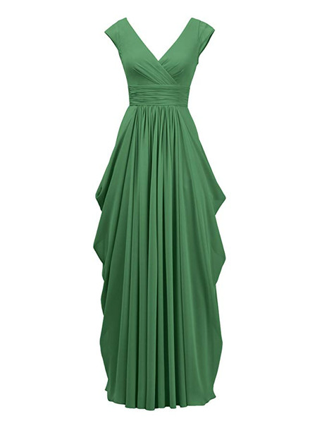  Ruched  Yellow Cape Sleeves  V-Neck Long Evening Bridesmaid Dress 