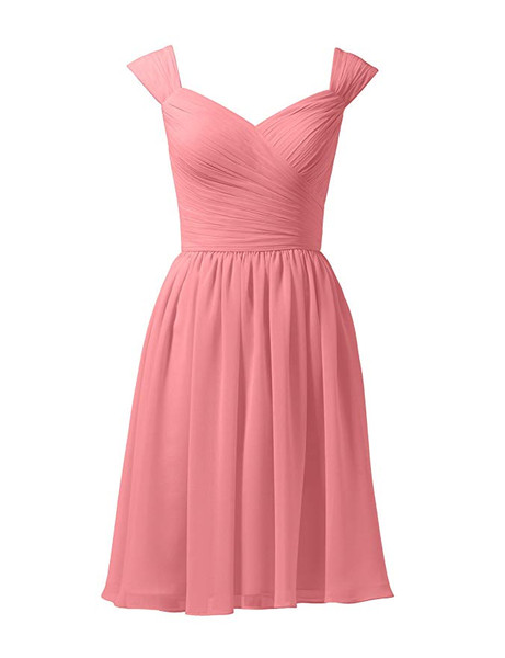 Watermelon Short Pleated Chiffon  A-Line Cocktail Bridesmaid Dress