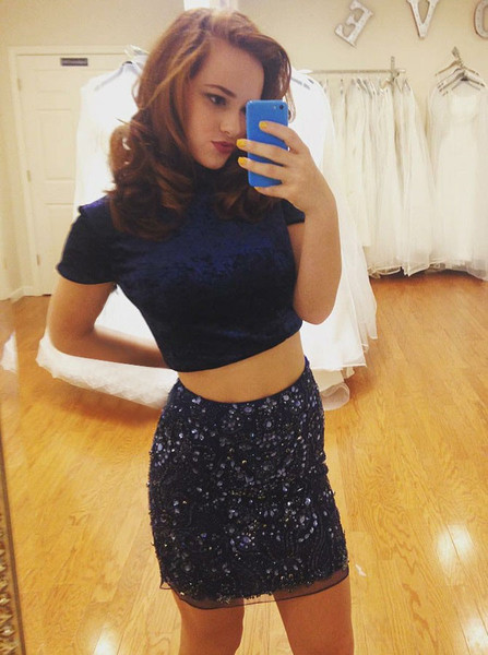 Navy Blue  Two Piece High Neck Homecoming Dress with Beading