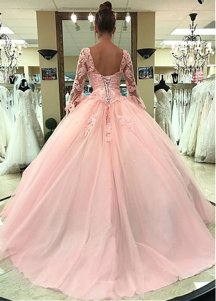 Beadings Pink Long Sleeves Tulle V-neck Floor-length Ball Gown Quinceanera Dress