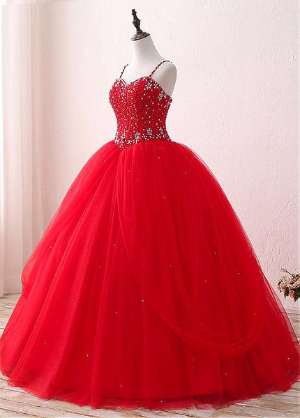 Spaghetti Straps Red Floor-length Ball Gown Quinceanera Dres
