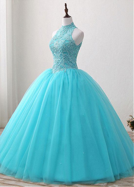 Light Blue Tulle High Collar Beading Ball Gown Quinceanera Dresses