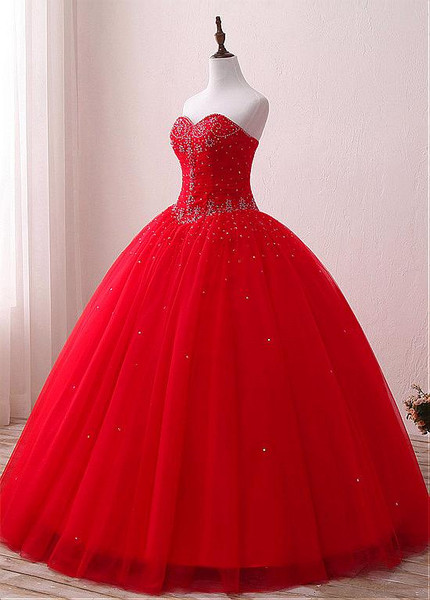 Tulle Sweetheart Beadings Red Ball Gown Quinceanera Dresses 