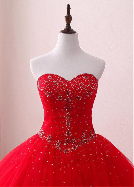 Tulle Sweetheart Beadings Red Ball Gown Quinceanera Dresses 