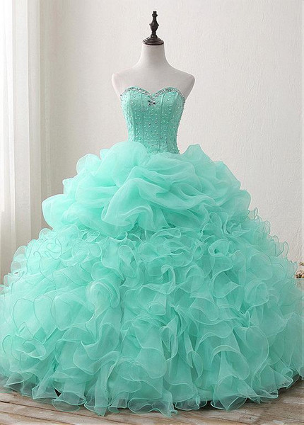 Organza  Green Beadings Sweetheart Long Ball Gown Quinceanera Dresses