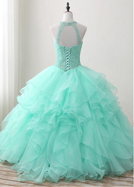 Organza Jewel Mint Floor-length Ball Gown Quinceanera Dress