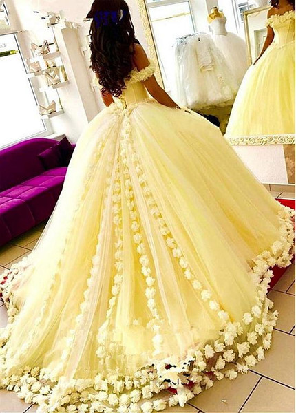 Yellow Satin Off-the-shoulder Ball Gown Quinceanera Dress With 3D Flowers