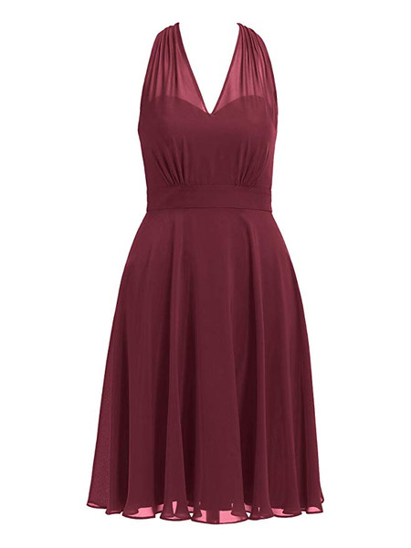 Watermelon Halter Short V-Neck  Party Bridesmaid Dresses