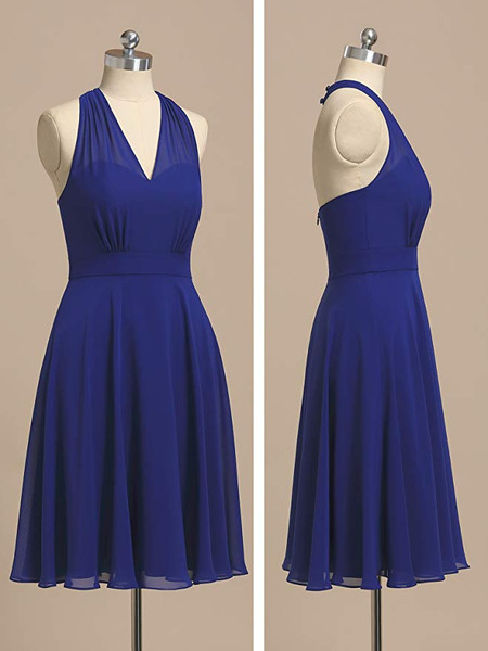 Watermelon Halter Short V-Neck  Party Bridesmaid Dresses