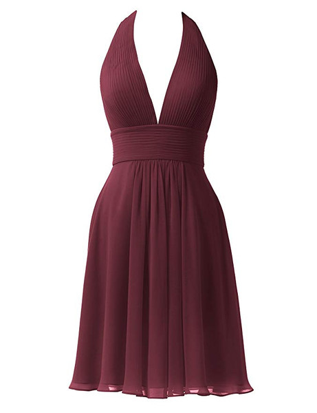 Red V-Neck Chiffon Short Halter Cocktail Bridesmaid Dress