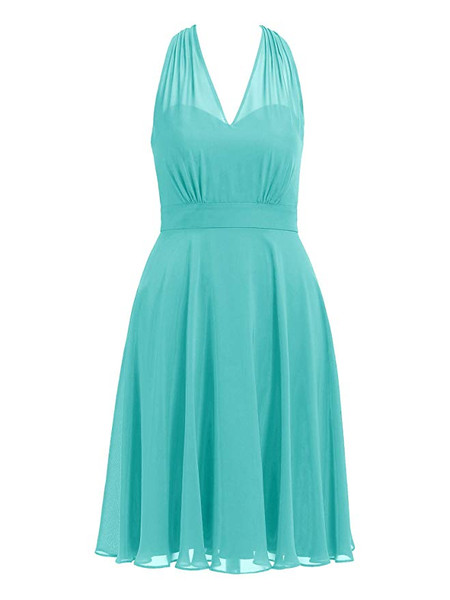 Red V-Neck Chiffon Short Halter Cocktail Bridesmaid Dress