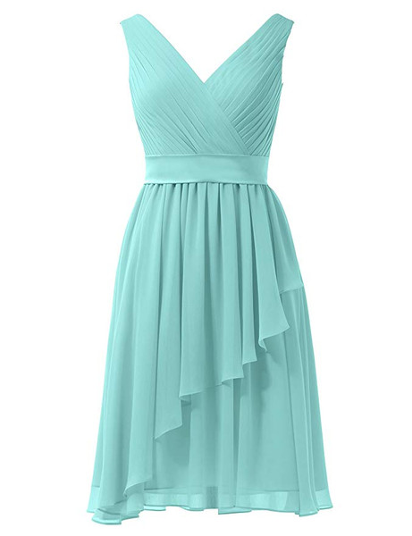 Red  Short Chiffon A-Line V-Neck Cocktail Bridesmaid Dress 