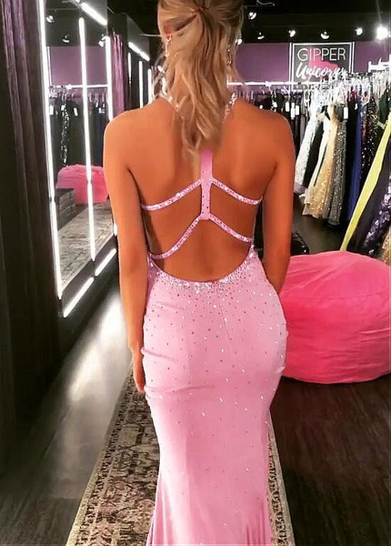  Blush Spandex Halter Mermaid Prom Dresses With Beadings