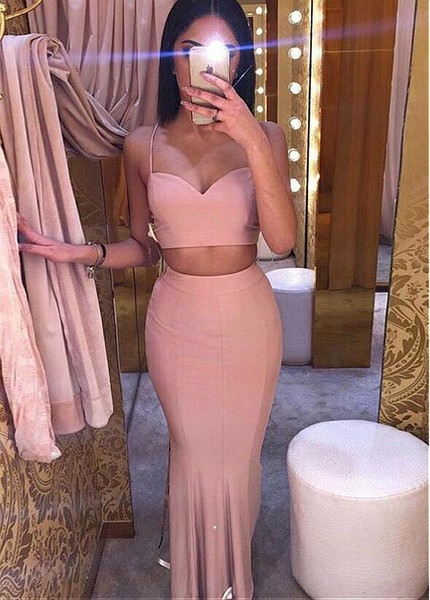  Satin Spaghetti Straps Pink Two Piece Sheath Column Evening Dresses