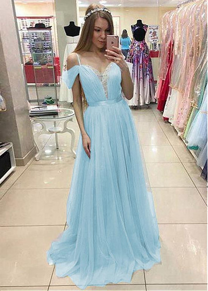 Beading Blue Lace Spaghetti Straps  Floor-length A-line Prom Dress