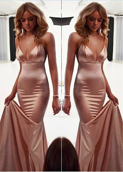 Stretch Charmeuse Satin Spaghetti Straps Champagne Mermaid Evening Dress