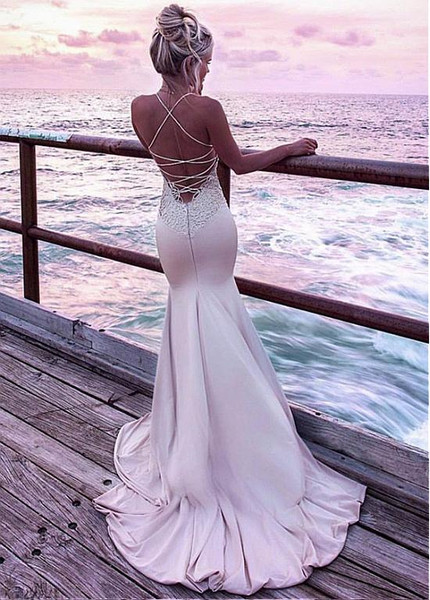  Stretch Satin Spaghetti Straps Lace Appliques Mermaid Evening Dress