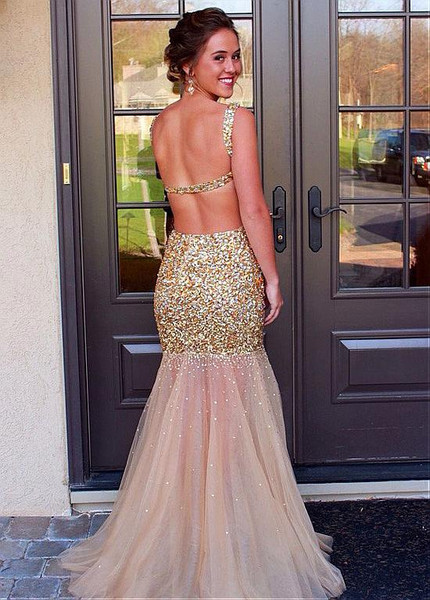 Champagne Tulle Bateau Beading Floor-length Mermaid Evening Dress