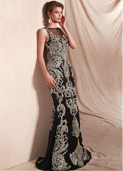  Bateau Black Floor-length Mermaid Dress With Embroidery