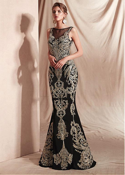  Bateau Black Floor-length Mermaid Dress With Embroidery