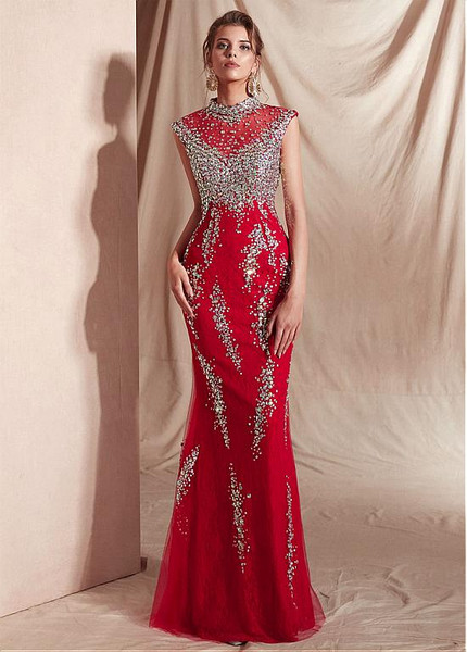 Lace High Collar Cap Sleeves Red Mermaid Evening Dress With Beadings