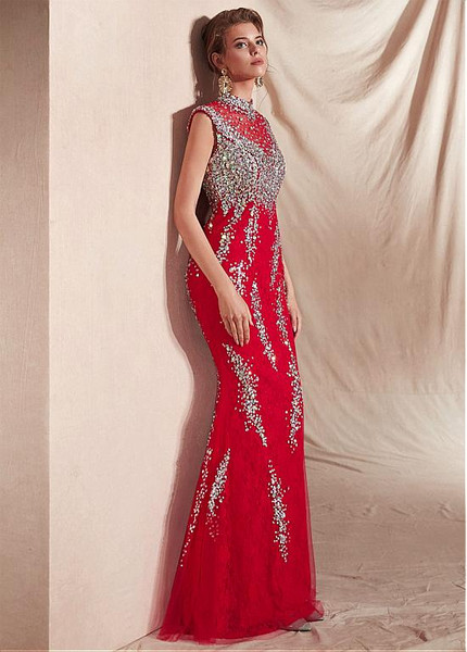 Lace High Collar Cap Sleeves Red Mermaid Evening Dress With Beadings
