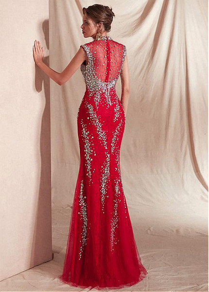Lace High Collar Cap Sleeves Red Mermaid Evening Dress With Beadings