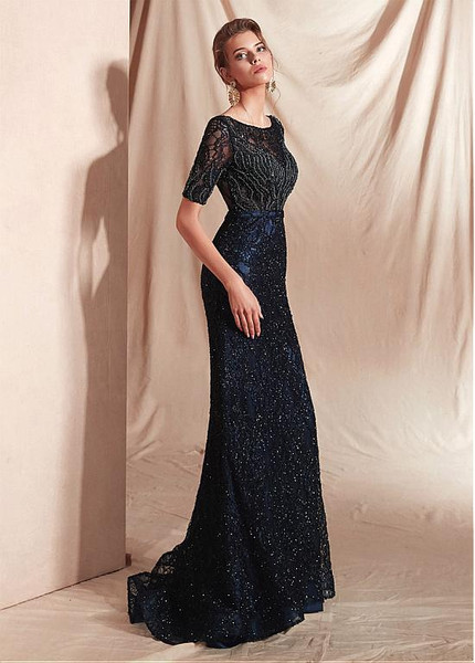Black Lace Bateau Half Sleeve Mermaid Prom Dresses With Beadings