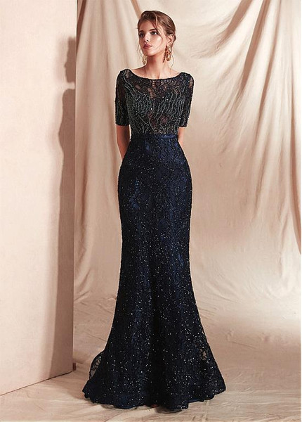 Black Lace Bateau Half Sleeve Mermaid Prom Dresses With Beadings