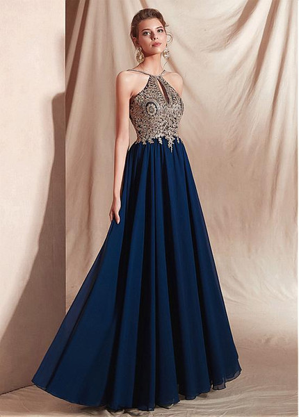 Chiffon Halter Neckline Blue  A-line Evening Dresses With Appliques