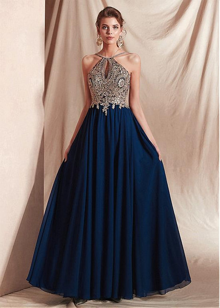 Chiffon Halter Neckline Blue  A-line Evening Dresses With Appliques