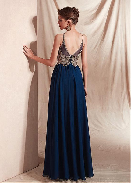 Chiffon Halter Neckline Blue  A-line Evening Dresses With Appliques