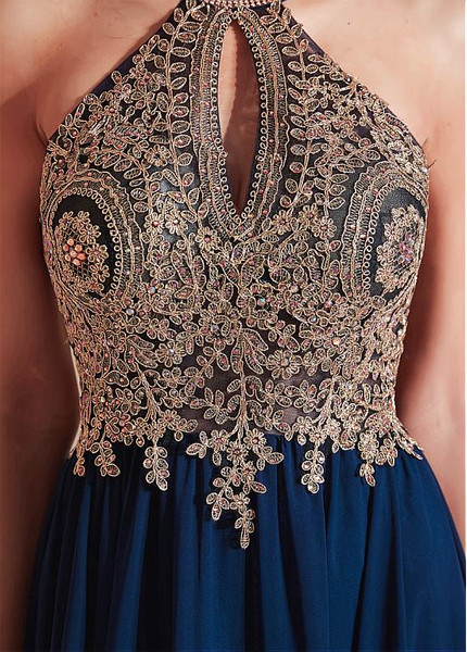Chiffon Halter Neckline Blue  A-line Evening Dresses With Appliques